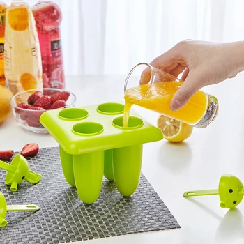 

4 Cells DIY Popsicle Mold Summer Homemade Ice Cream Makers Kitchen Tools Reusable Cartoon Frozen Pop Green Moulds Tray