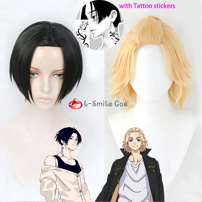 

Manjiro Sano Cosplay Wig With Tattoo Stickers Young Adult Mikey Anime Tokyo Revengers Cosplay Golden Black Short Wig + Wig Cap