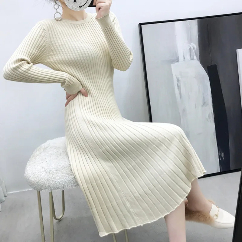 

Autumn Winter Korean Elegant Casual Sweater Dresses For Women Knitted Dress Fashion Pullovers Pleated Robe Ete Femme Vestidos