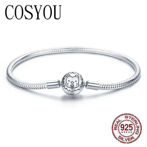 Cena COSYOU 100% 925 Sterling srebrny lew zwierząt okrągły zapięcie wąż Strand łańcuch bransoletki dla kobiet srebro biżuteria SCB054