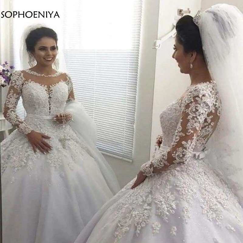 Vestido de Noiva бальное платье принцессы Свадебные платья с длинными рукавами бисера Кружева свадебное платье с аппликацией корт поезд Mariage