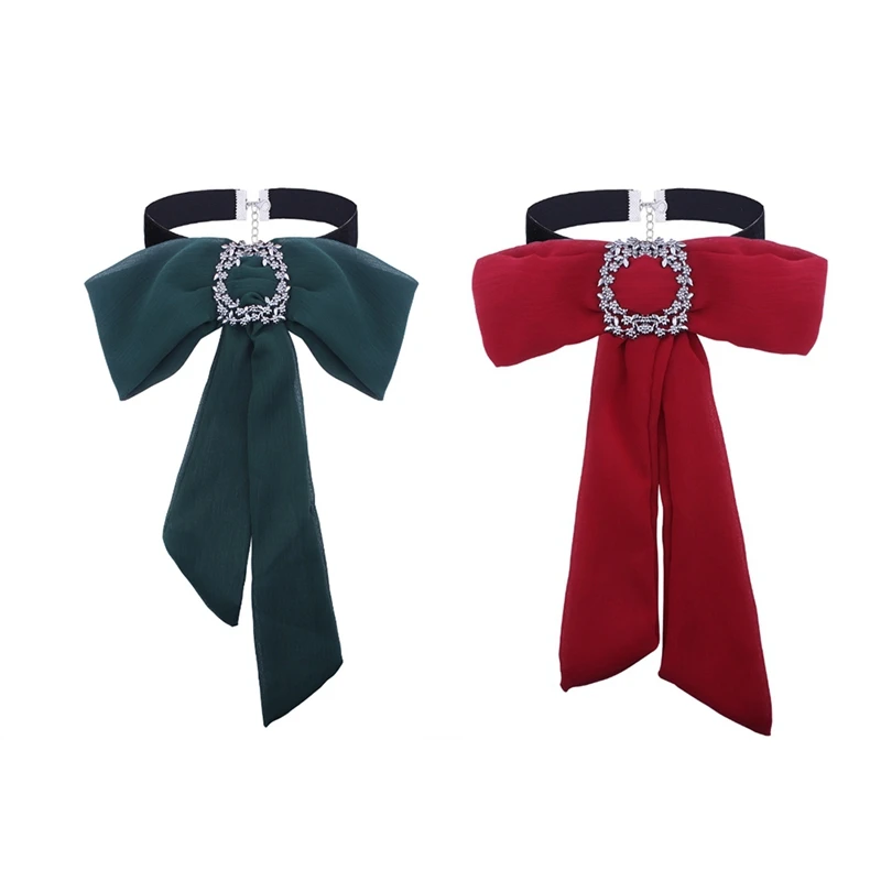 1pc Bowknot Cloth Shirt Necklaces cloth Neck Ties green red color Bow Necklace Women Choker Charms Pendants Collar Rhinestone