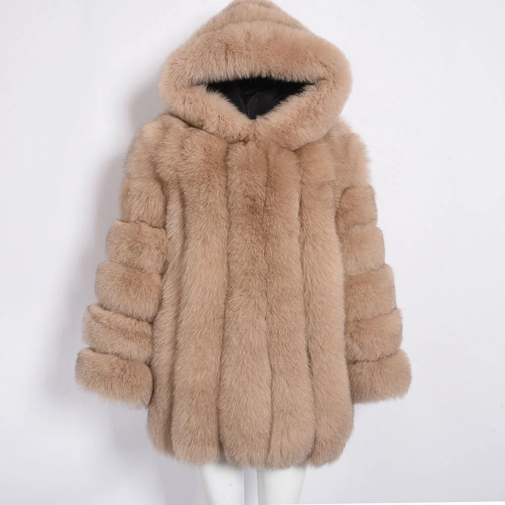 Camel Женское пальто с капюшоном из натурального Лисьего меха, верхняя одежда высокого качества, зимние теплые меховые пальто S7522 - Цвет: Camel