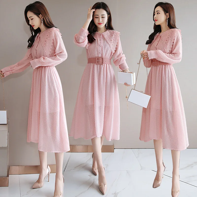 

2019 Spring Clothing New Style Lace Dress Women's Fashion Slimming CHIC Gentle Mid-length Shirt Base Skirt Fashion