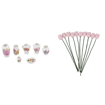 

1 Set 1/12 Doll House Miniature Handcrafted Clay Tulip Ornament Flowers & 1 Set Miniature Modern Porcelain Rose Vase