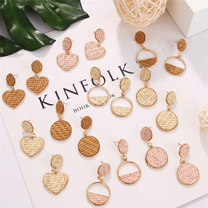

Korean Jewelry Handmade Weave Rattan Earrings Women Elegant Heart Round Dangle Earrings New Fashion Geometric Long Earrings