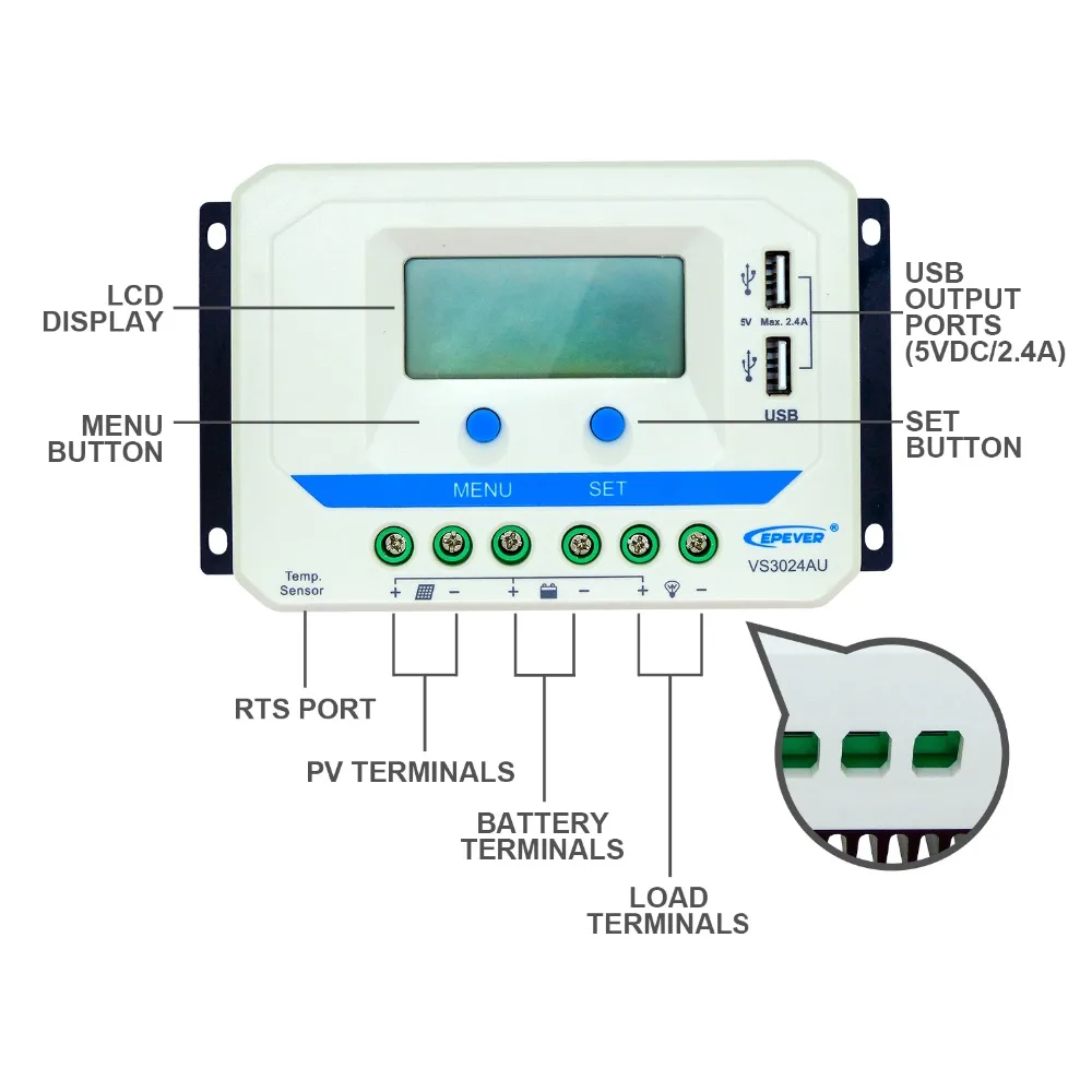 EPever VS3024AU 30A 12 В 24 В автоматическая работа, двойные USB порты зарядки с интеллектуальной функцией ШИМ контроллеры умного дома