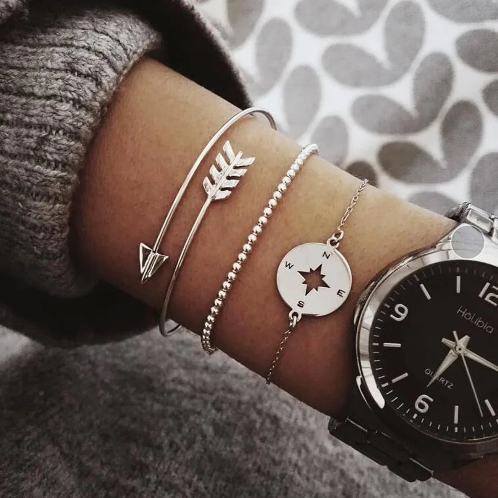 Punk Open Adjustable Arrow Bracelets for Women Fashion Simple Gothic Wrist Beaded Chain Guide Tray Bangles Gift Jewelry 3pcs/set | Украшения