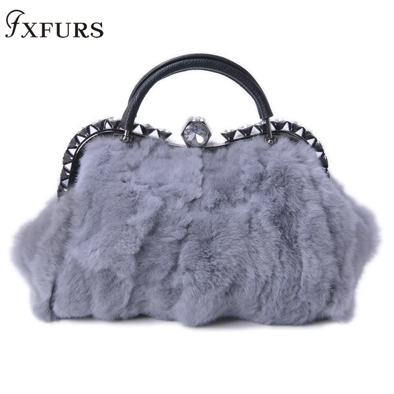 

2019 Women Winter Fashion Rex Rabbit Fur Handbags with Diamond Hdsp 100% Real Fur Cross-shoulder Sheepskin Wrist Evening Bags