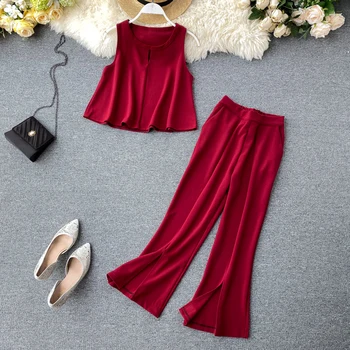 

FTLZZ Women Two Piece Set Halter Shirts Crop Top + Loose Wide Leg Long Pants Suits Summer Casual Elastic Split Pants 2 Pcs Set