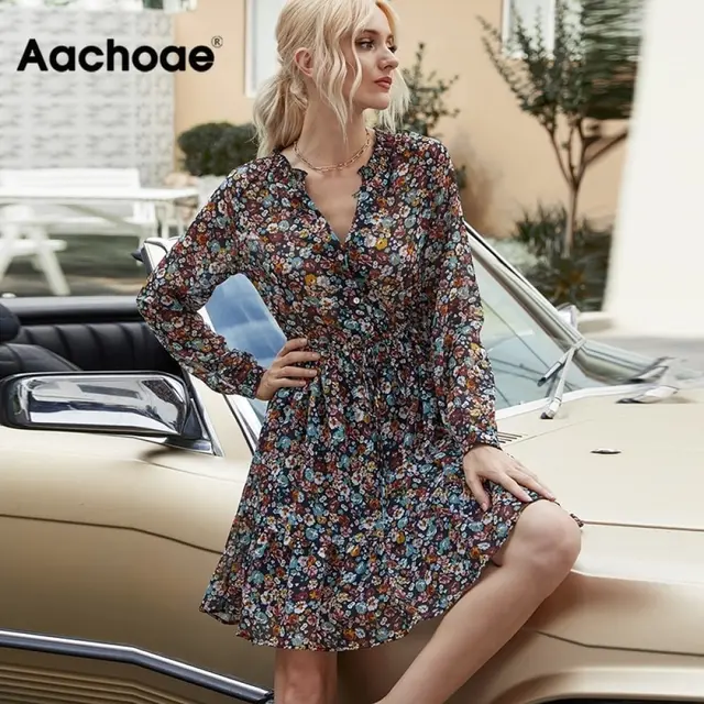 Aachoae Summer Boho Floral Print Dress Women Lantern Long Sleeve Pleated Dresses V Neck Beach Mini Dress Female Roupa Feminina 1