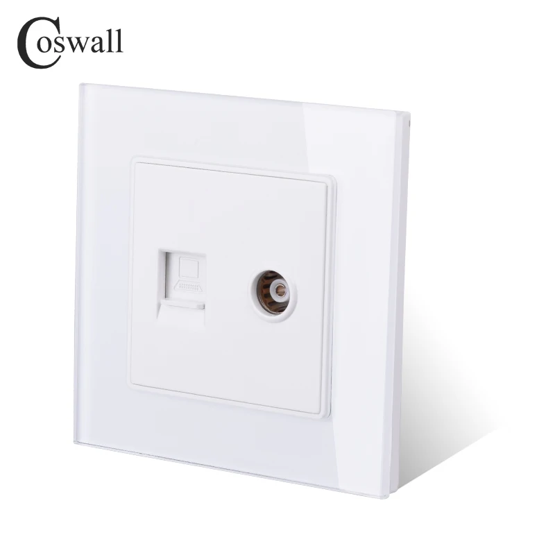 COSWALL Кристалл Закаленное стекло Блок розеток женский ТВ разъем с CAT5E RJ45 Интернет компьютер разъем для передачи данных C1 серии