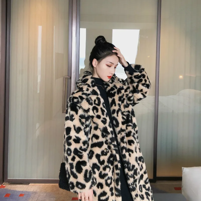 Новое винтажное леопардовое длинное пальто Женская куртка из искусственного меха приталенная Повседневная Корейская женская зимняя плюшевая верхняя одежда высокого качества