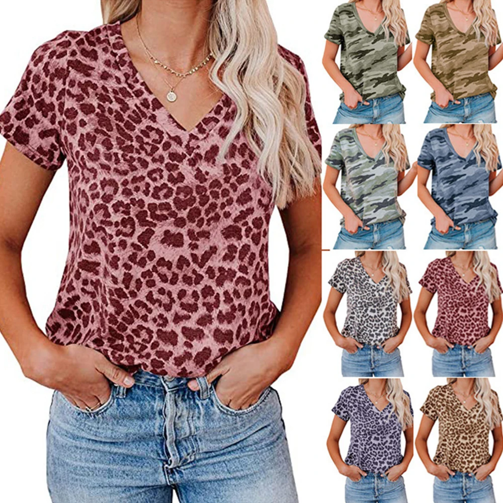 

Fashion T Shirt For Women Leopard Print Camouflage Loose Casual T-shirt Spring Summer V-neck Blouse Short Sleeve Tops