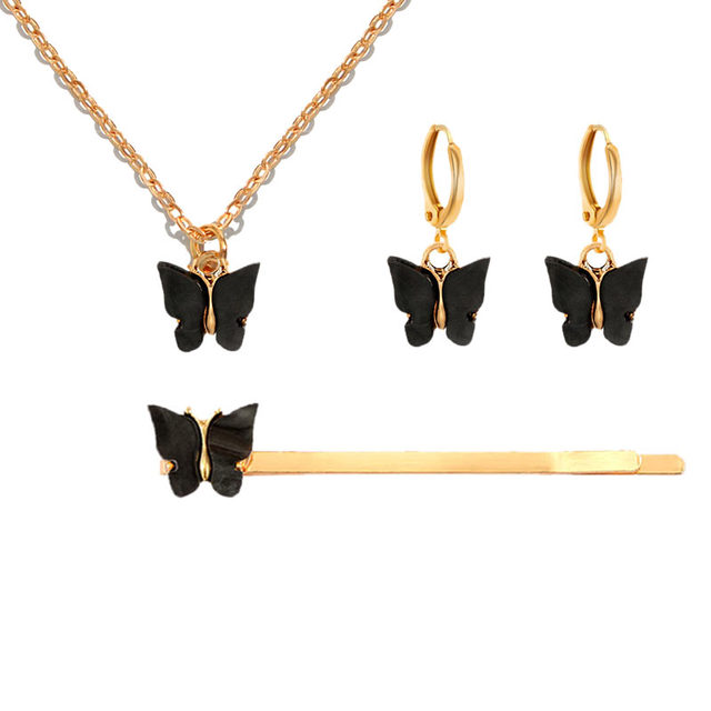 Fashion Cute Multicolor Acrylic Butterfly Jewelry Sets For Women Sweet Girls Pendant Necklace Earrings Hairpin Set Gifts