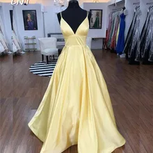 V образным вырезом Длинные Желтые атласные платья выпускного вечера с двойными бретелями Длина пола без рукавов Выпускные Платья пышные платья