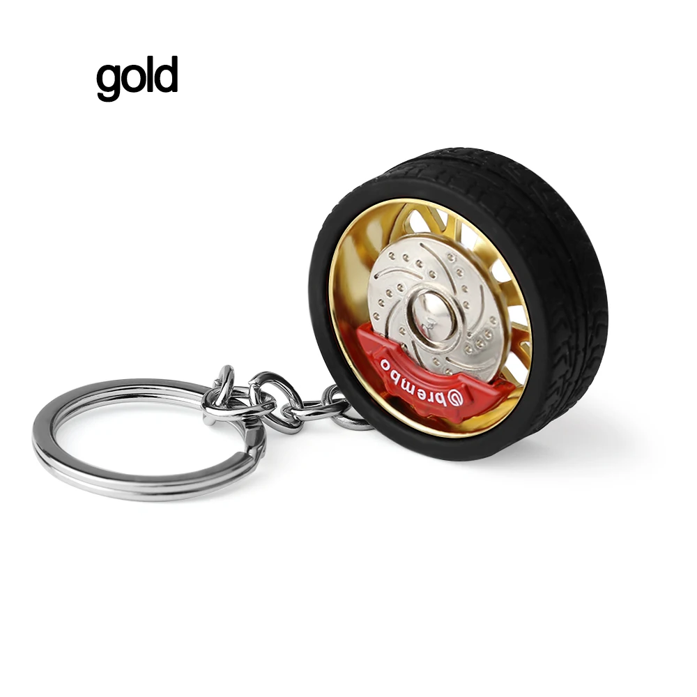 Горячая креативная круглая модель колеса автомобиля брелок с шиной с тормозными дисками резиновый металлический обод брелок для авто ключ Декор модификация - Название цвета: gold