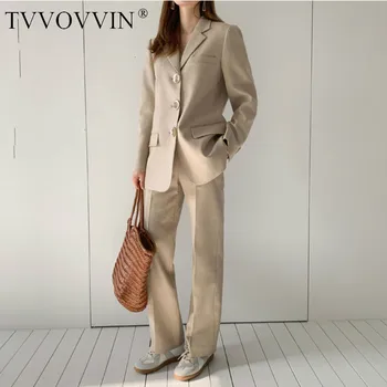

TVVOVVIN New Autumn Vintage Style Full Sleeve Single Breasted Turn-down Collar Coat Elastic Full Length Pants Women Suit X183