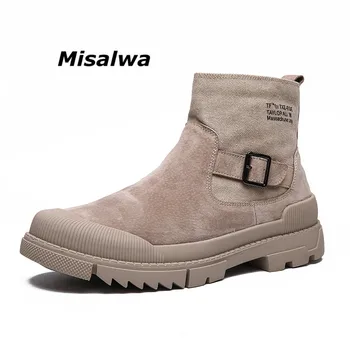 

Misalwa Suede Leather Men Boots Outdoor Trend Tool Shoes Casual Thick Sole High Top Chelsea Men Boots Canvas Buckle Men Sneaker