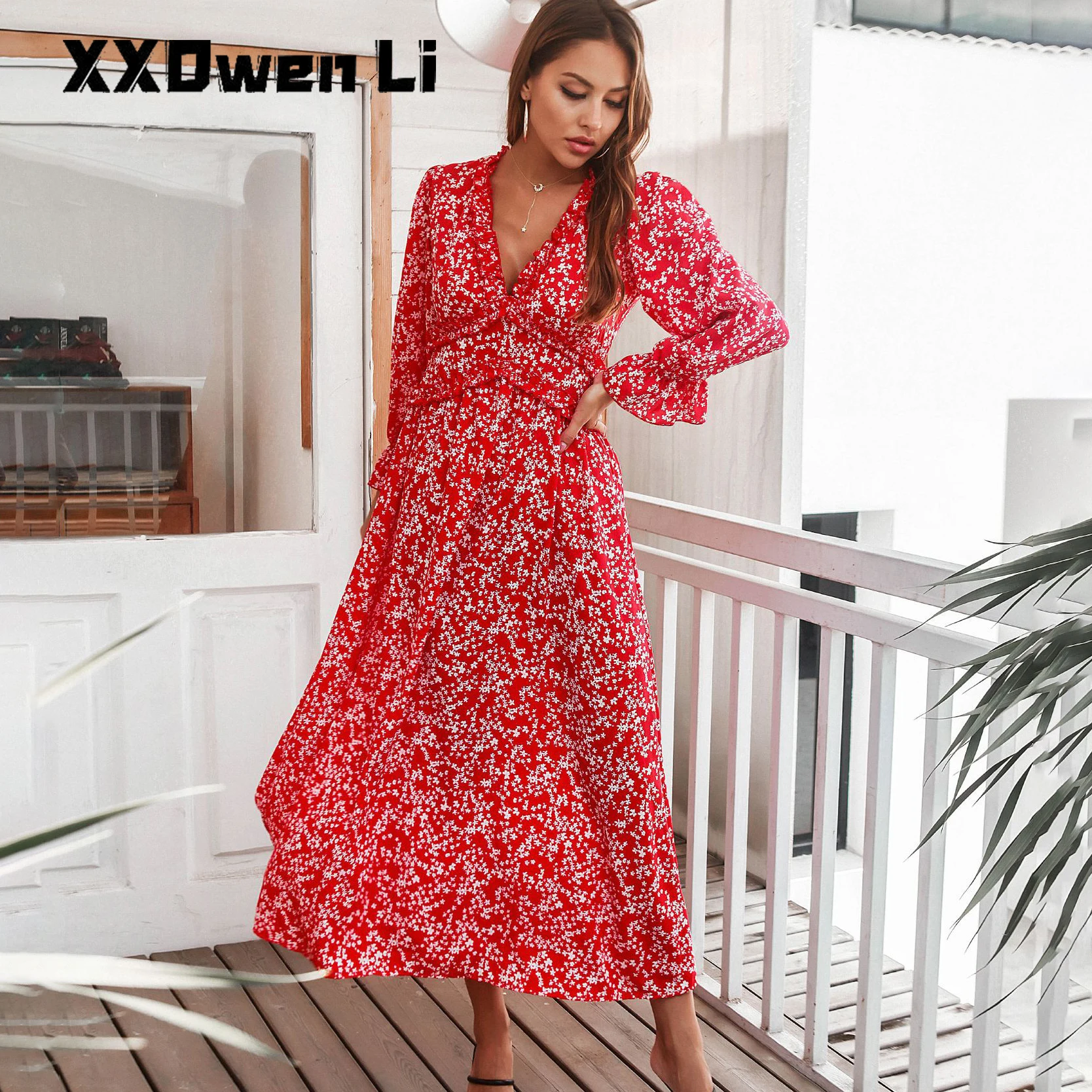 Mandotos Floral Print Lantern Sleeve Dress Red Tie Square Neck A Line Long Sleeve