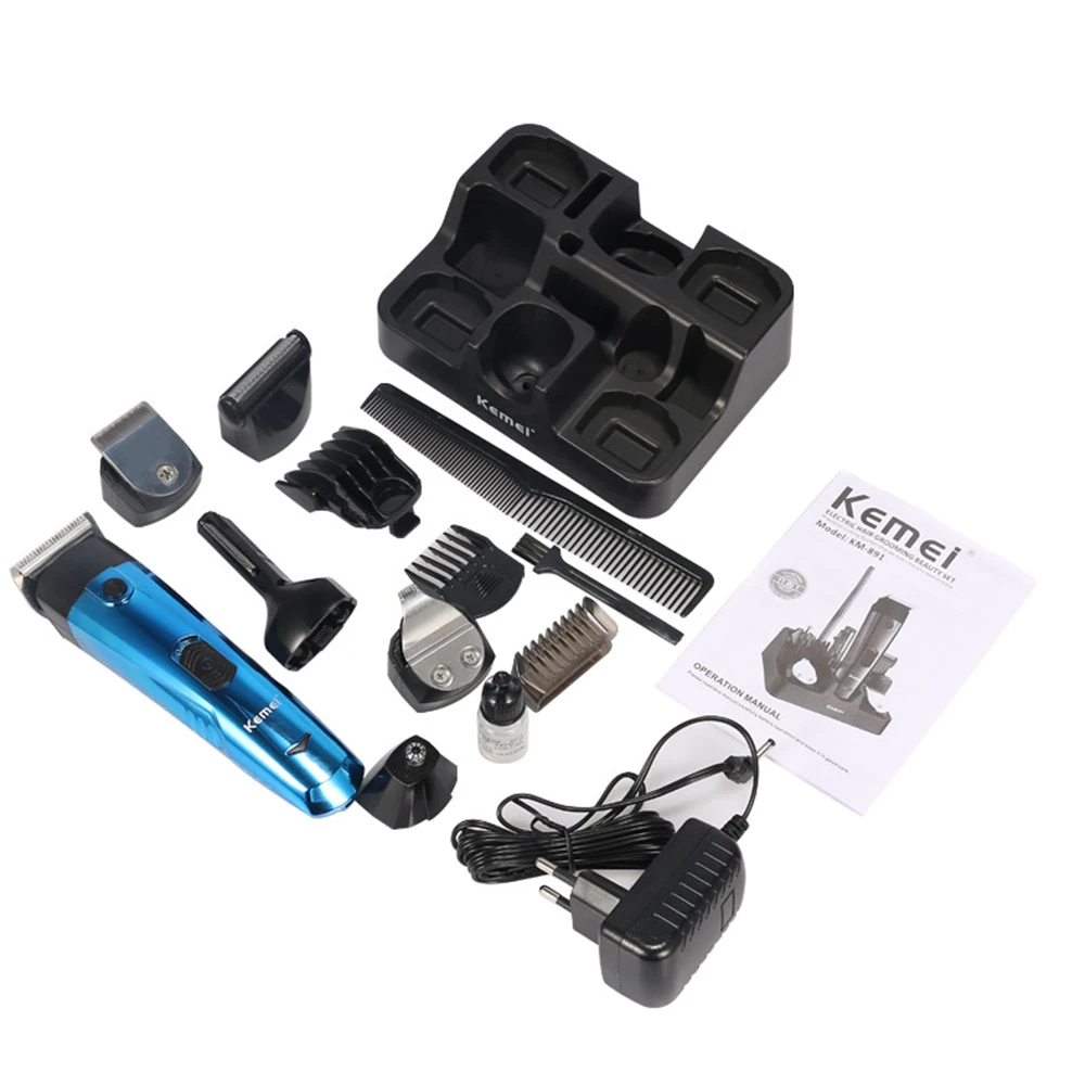 Blue black Kemei KM-891 11 In 1 Quiet Professional Hair Trimmer Styling Tools Sets Hair Clippers Hairs Cutting Machine EU Plug - Цвет: Blue black