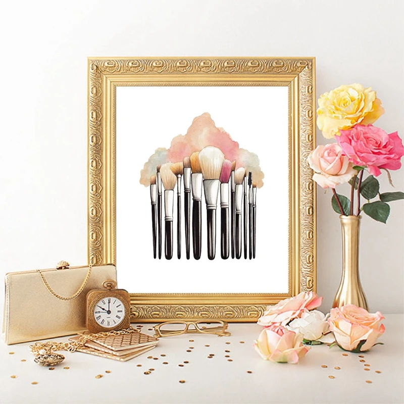 

Makeup Brushes Pink Poster Prints Beauty Salon Decor Watercolor Brushes Make UP Vanity Wall Art Canvas Painting Girls Gift