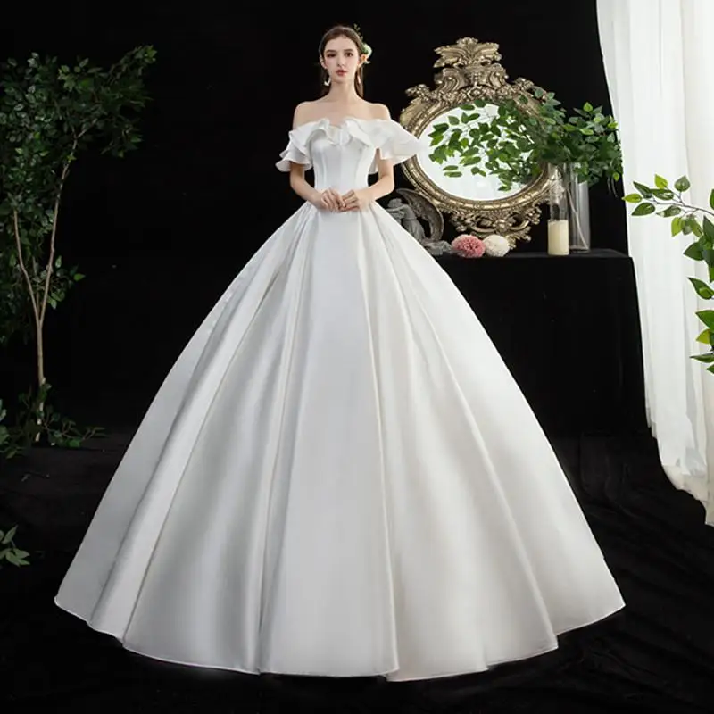 Лидер продаж, корейское простое платье с вырезом лодочкой, Vestidos De Novia, свадебное платье, Модное бальное платье с расклешенными рукавами и открытой спиной с открытыми плечами - Цвет: off White