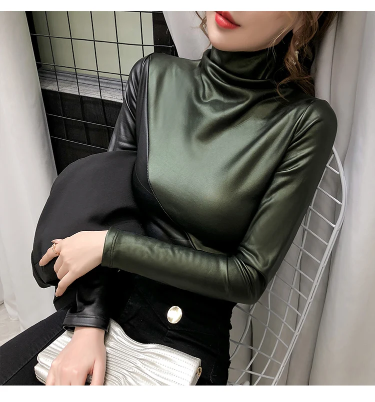 Autumn Plus size women blouse fashion patchwork colors turtleneck pullovers bottoming shirt velvet soft PU leather blouses tops satin shirts for women