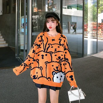 

Autumn 2019 new sweater ladies net red Korean bear loose long lazy long sleeve knit sweater christmas sweater winter clothes