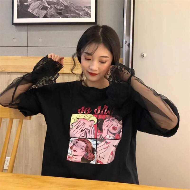 NiceMixKorea стильная футболка в стиле Харадзюку женская футболка с мультяшным принтом кружевная прошитая футболка с длинным рукавом свободная футболка