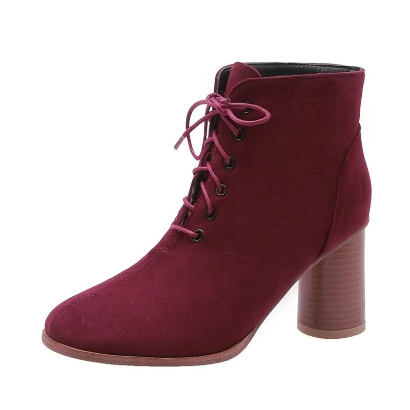 

KALENMOS Ankle Boots Women Round Heels Flock Party Boots Autumn Winter Boot Office Lady High Heel Lace Up Black Boots Size 33-46