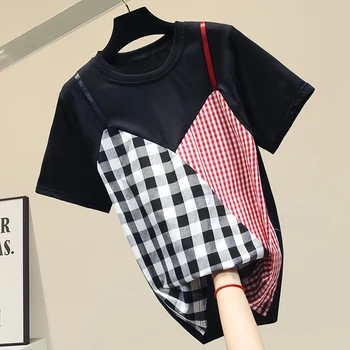 

Women Summer T-shirt Plaid Splicing Cotton Black White T-shirt Female Top Clothes New Girls Students Tee Shirts Tshirt Top