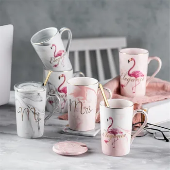 

Creative Ceramic Mug With Spoon Handle Marble Flamingo Gold Plated Milk Coffee Tea Cup Drinkware Home Office Cup Couple Gift