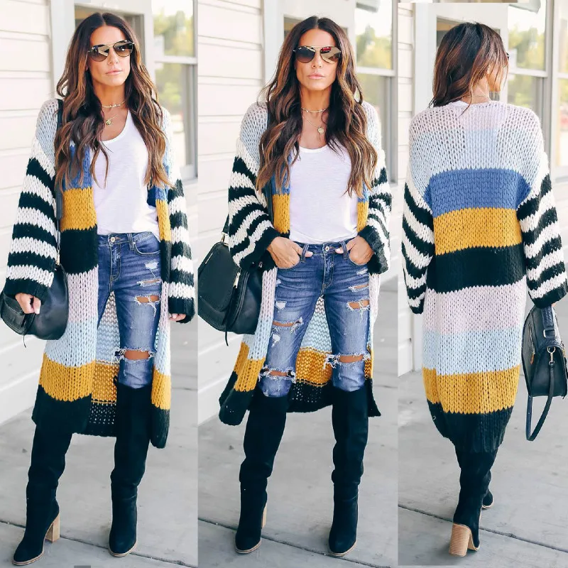 

Fall 2019 Womens Long V Neck Striped Oversized Casual Sweaters Cardigan Patchwork Plus size Street Ankle Length Kardigan Sweter