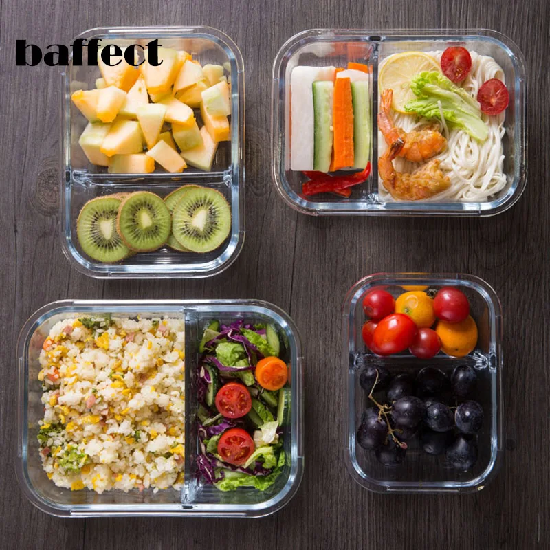 

Baffect 2 Grids Glass Food Lunch Box Fruit Salad Food Storage Box High Borosilicate Glass Container Microwave Sealed Fresh Box