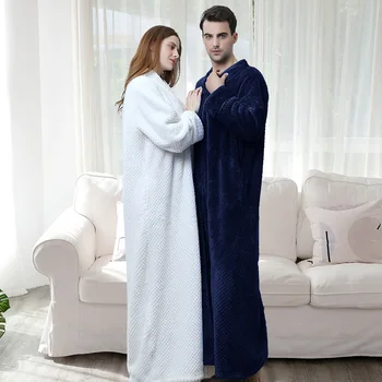 

Women Winter Plus Size Long Warm Flannel Hooded Bathrobe 40-100KG Zipper Bath Robe Pregnant Night Dressing Gown Men Sleepwear