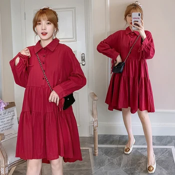 

2393# Autumn Korean Fashion Maternity Nursing Blouses Dress Long Sleeve Loose Pleated Clothes for Pregnant Women Pregnancy Dress