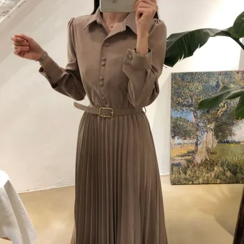 

WAVSIYIER vintage women dress midi belt sping autumn 2020 lapel button korean runway dresses female a-line high waist pleated ve