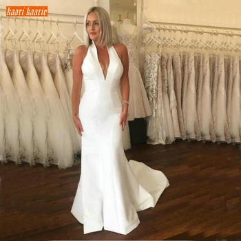 

Trendy White Mermaid Wedding Gowns V Neck Satin Button Open Back Court Train Garden Wedding Dress Slim fit Ivory Bridal Dresses