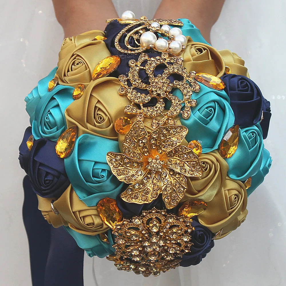 Роскошный атласный букет роз, темно-синий букет невесты с золотым кристаллом, искусственный букет невесты - Цвет: color as picture