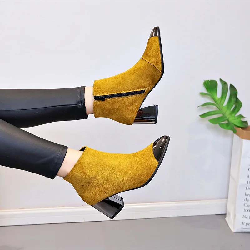

2019 Women Shoes Square Spring Autumn Fleece Heel Black Yellow Red Boots Point Toe 6cm Ankle Martin Shoes Female Lady Fashion