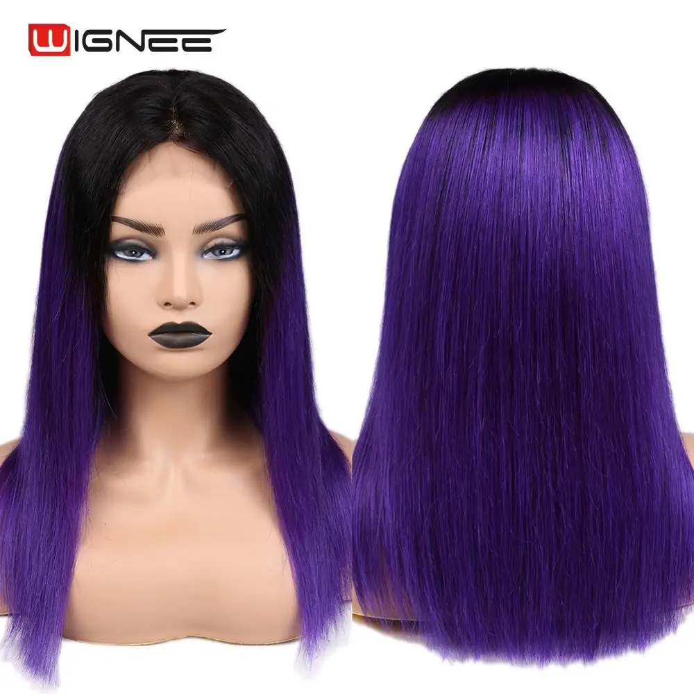 Wignee 4*4 Lace Closure Straight Human Wig For Black/White Women Brazilian Hair Ombre Purple Glueless Middle Part Lace Human Wig