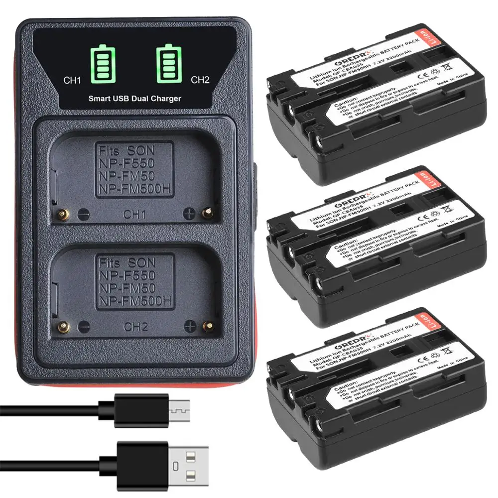 2 Pcs 2200mAh NP-FM500H NP FM500H Battery + LED Dual USB Charger with type-C port for NP-F550 NP-FM50 Sony Alpha A58 A350 A500 