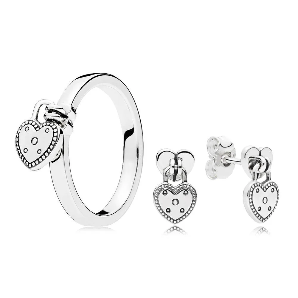 

CHAMSS 2019 Fashion New Original S925 Love Lock Ring And Earring Set Women Personality Simple Jewelry Set Celebration Gifts