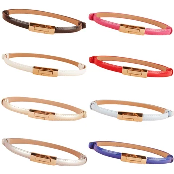 

Women Lady Thin Skinny Gold Catch Lock Buckle Adjustable Leather Waist Belt LLBLT0036