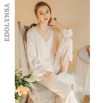 

2020 Sexy Lace Pajamas Sets Women Home wear Casual Long Sleeve 2 Pieces Sleepwear Suit Sexy Spring Nightwear Lounge pants T774