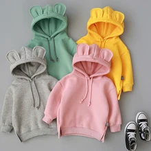 Зимняя толстовка с капюшоном и мультяшными ушками для маленьких мальчиков и девочек, толстовка, рубашка, одежда, худи желтого и серого цвета