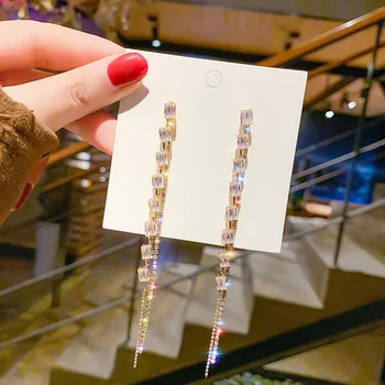 

Korean Exquisite Simple Zircon Rhinestones Long Tassel Earrings Temperament Fashion Women Girl Jewelry Accessories