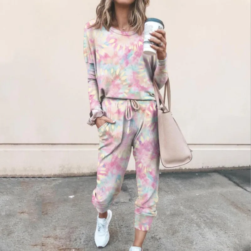

New Women Set Autumn Home Wear Femme Tie Dye Print Two Piece Sets Long Sleeve Top+ High Waist Pants Streetwear Suit Plus Size