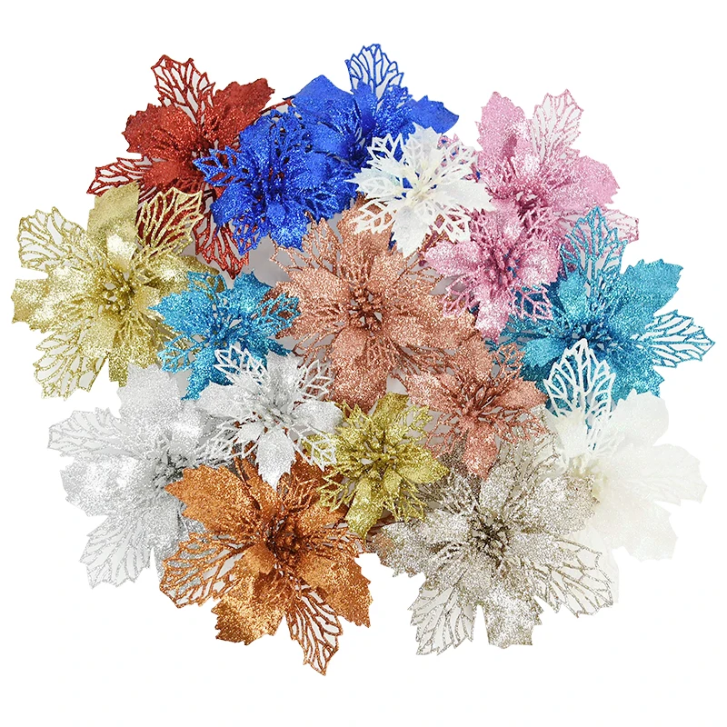 Glitter-Poinsettia Flower-Decoration Christmas-Tree-Ornaments for 5pcs 11/16cm